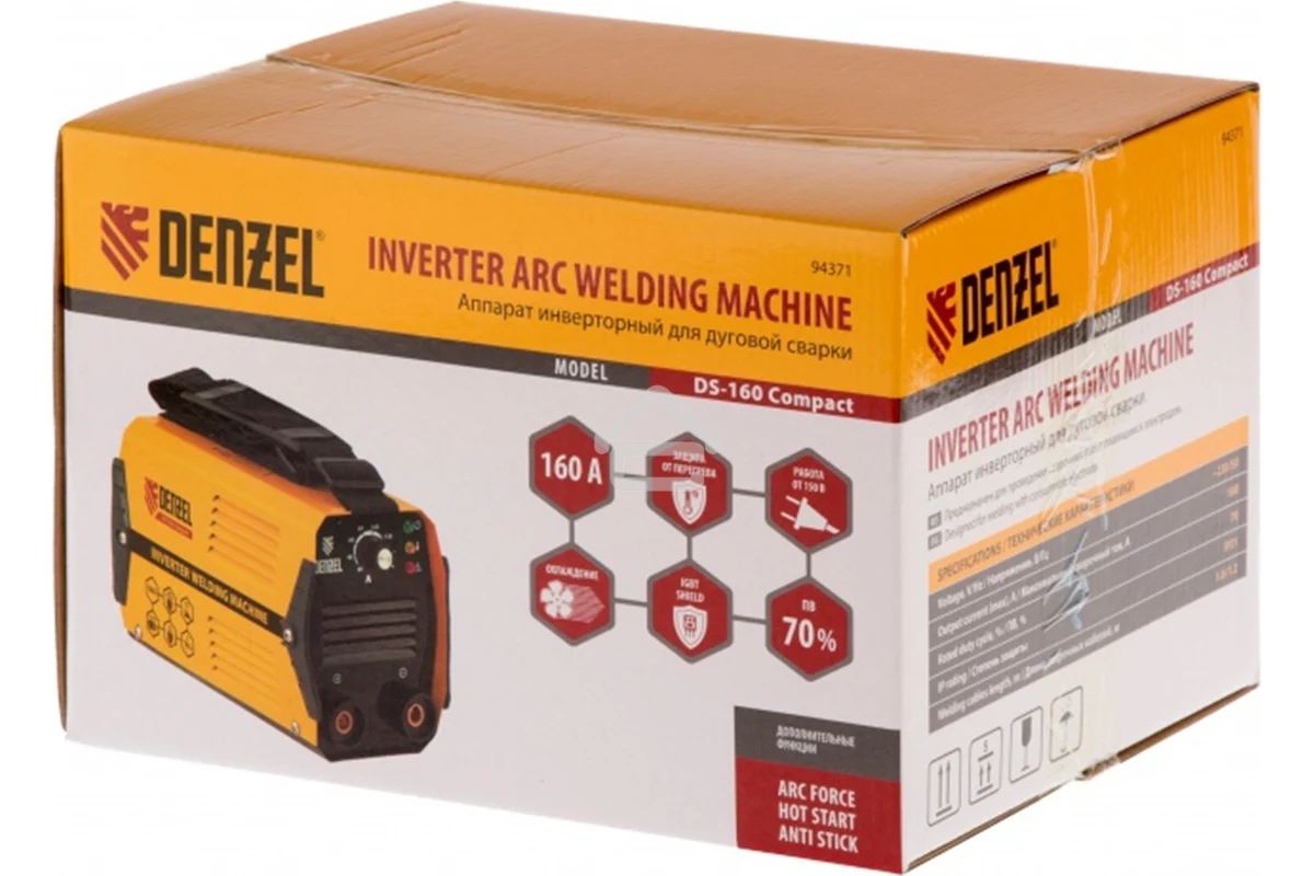 Аппарат инвертор. дуговой сварки Denzel DS-160 Compact, 160 А, ПВ 70%, диам.эл. 1,6-3,2 мм