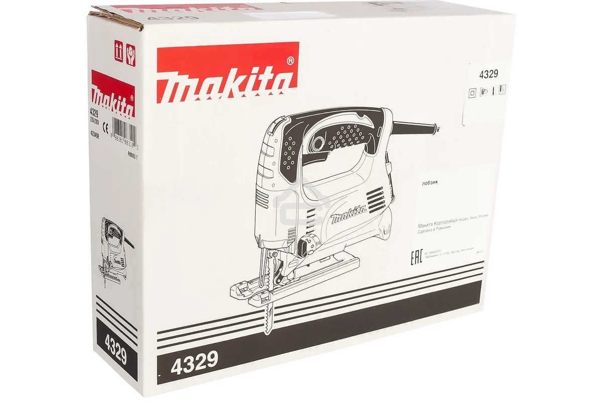 Лобзик Makita 4329 Лобзик,в\рук, 450Вт,500-3100об\м,ход-18мм,рез-65мм,1.9кг,кор,маятн,Al подошва