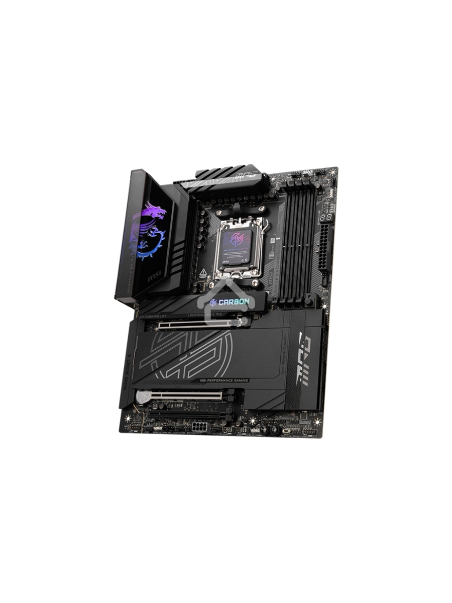 Материнская плата MSI MPG X870E CARBON WIFI, AM5, AMD X870E, 4xDDR5, 4xSATA, 4xM.2, 1xPCIe 5.0 x16, 1xPCIe 5.0 x4, 1xPCIe 4.0 x4, 1xHDMI, 2xUSB-C, 2x1Gb LAN, 9xUSB 3.2 Gen 2, 2xUSB4, 2x3.5 мм, 7.1, ATX