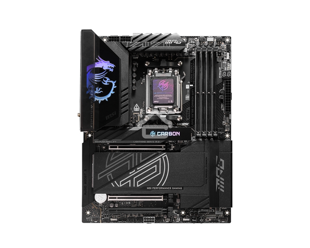 Материнская плата MSI MPG X870E CARBON WIFI, AM5, AMD X870E, 4xDDR5, 4xSATA, 4xM.2, 1xPCIe 5.0 x16, 1xPCIe 5.0 x4, 1xPCIe 4.0 x4, 1xHDMI, 2xUSB-C, 2x1Gb LAN, 9xUSB 3.2 Gen 2, 2xUSB4, 2x3.5 мм, 7.1, ATX
