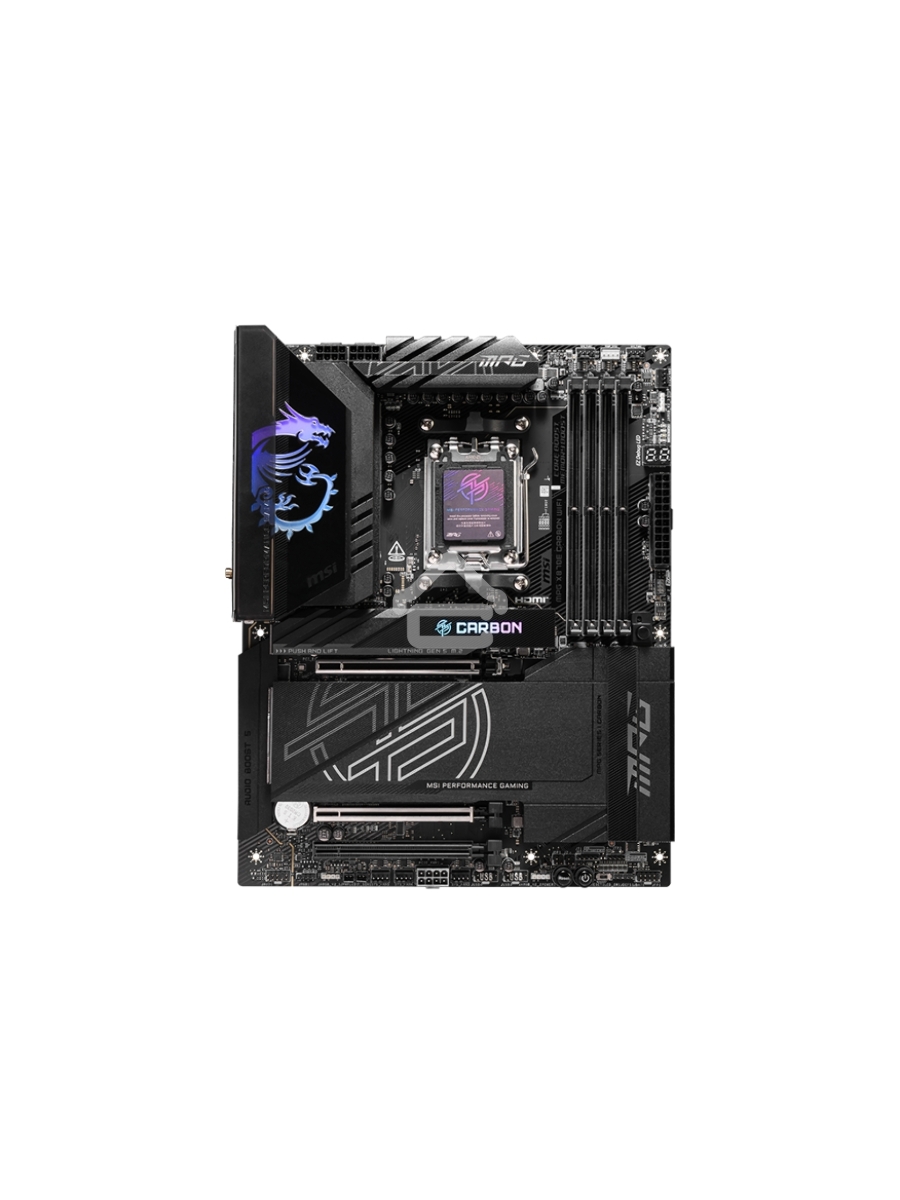 Материнская плата MSI MPG X870E CARBON WIFI, AM5, AMD X870E, 4xDDR5, 4xSATA, 4xM.2, 1xPCIe 5.0 x16, 1xPCIe 5.0 x4, 1xPCIe 4.0 x4, 1xHDMI, 2xUSB-C, 2x1Gb LAN, 9xUSB 3.2 Gen 2, 2xUSB4, 2x3.5 мм, 7.1, ATX