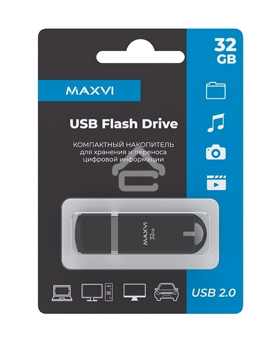 Флешка USB R/W Maxvi P3 32GB USB 2.0 black, монолит с колпачком, ABS пластик