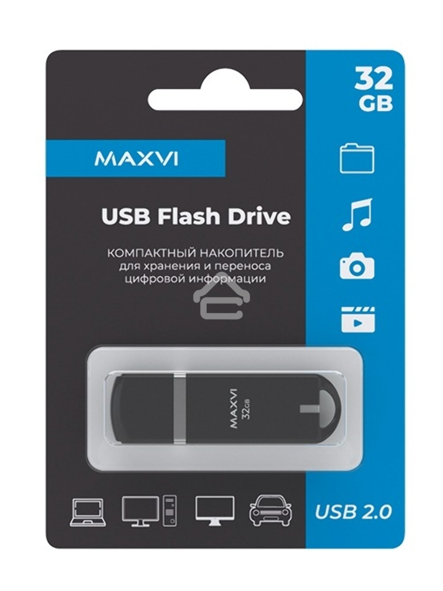Флеш диск Maxvi P3 32GB USB 2.0 black, монолит с колпачком, ABS пластик