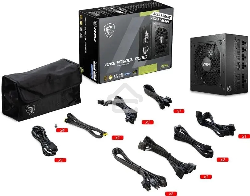 Блок питания MSI ATX 750W MAG A750GL PCIE5 Gen.5 80 PLUS gold (20+4pin) APFC 120мм fan 8xSATA Cab Manag RTL