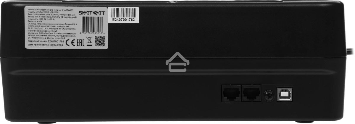 Источник бесперебойного питания SMARTWATT UPS SAFE PRO LCD 1000 черный 1000/600 ВА/Вт, напольный/настенный, линейно-интерактивный, LCD дисплей, Shuko CEE7/4 - 8 шт. (4 шт. с резервным питанием, 4 шт. - сетевой фильтр)