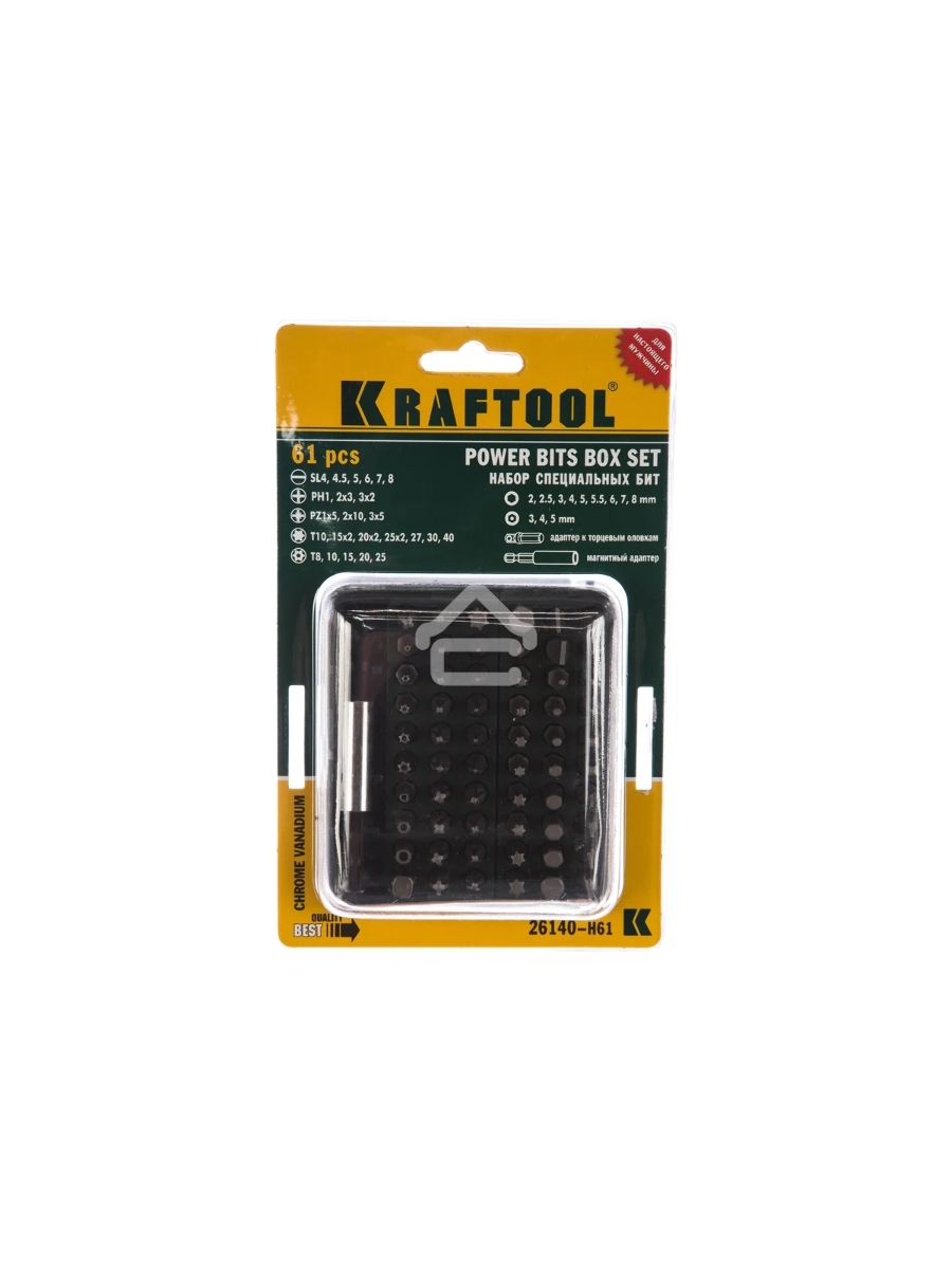 Отвертки-насадки (биты) Набор KRAFTOOL Биты с адаптером в пластиковом боксе, Cr-V, 61 предмет 26140-H61