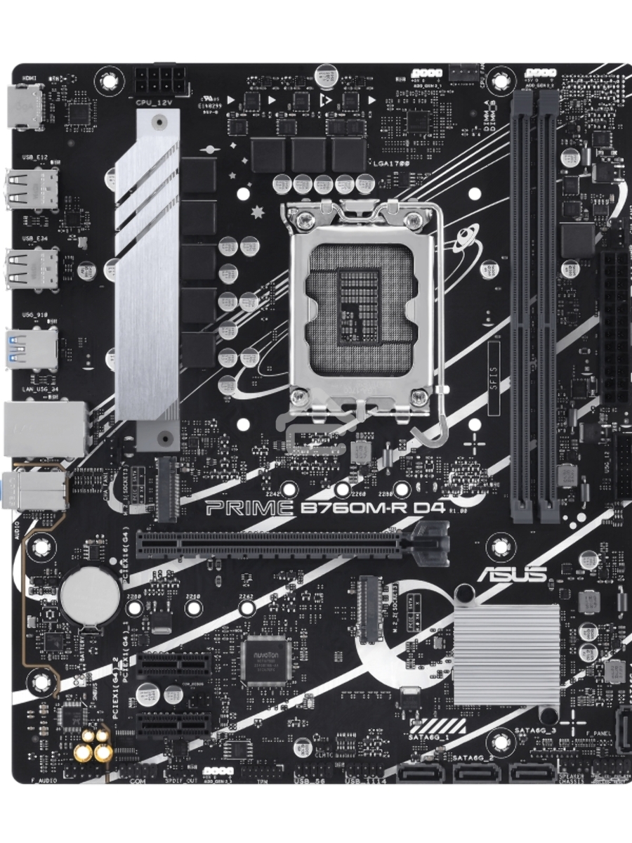 Материнская плата ASUS PRIME B760M-R D4, LGA 1700, Intel B760, 2xDDR4, 4xSATA, 2xM.2, 1xPCIe 4.0 x16, 1xPCIe x1, 1xHDMI, 1x 2.5Gb LAN, 4xUSB-A 2.0, 4xUSB-A 3.2 Gen 1, 3x3.5 мм, 7.1, mATX