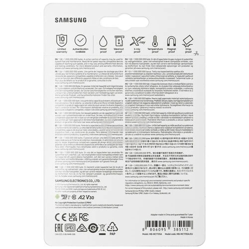 Флеш карта Samsung EVO Plus, microSDXC 1Tb, Class 10, A2, V30, UHS-I (U3), W 90 МБ/с, R 160 МБ/с, адаптер на SD