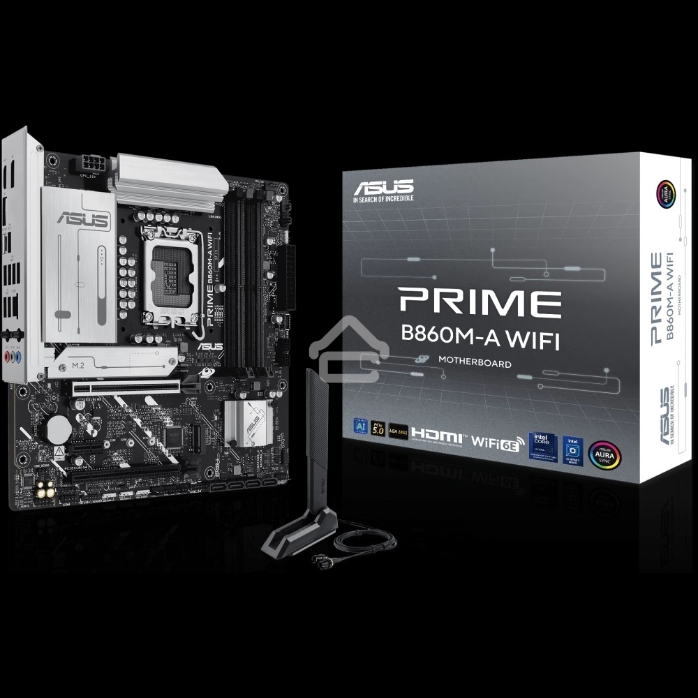 Материнская плата ASUS PRIME B860M-A WIFI, LGA 1851, Intel B860, 4xDDR5, 4xSATA, 2xM.2, 1xPCIe 5.0 x16, 1xPCIe 4.0 x16, 1xPCIe 4.0 x1, 2xDP, 1xHDMI, 1x 2.5Gb LAN, 1xUSB-C 20Gbps, 1xUSB-A 10Gbps, 2xUSB-A 5Gbps, 4xUSB-A 2.0, 3x3.5 мм, 7.1, micro-ATX.