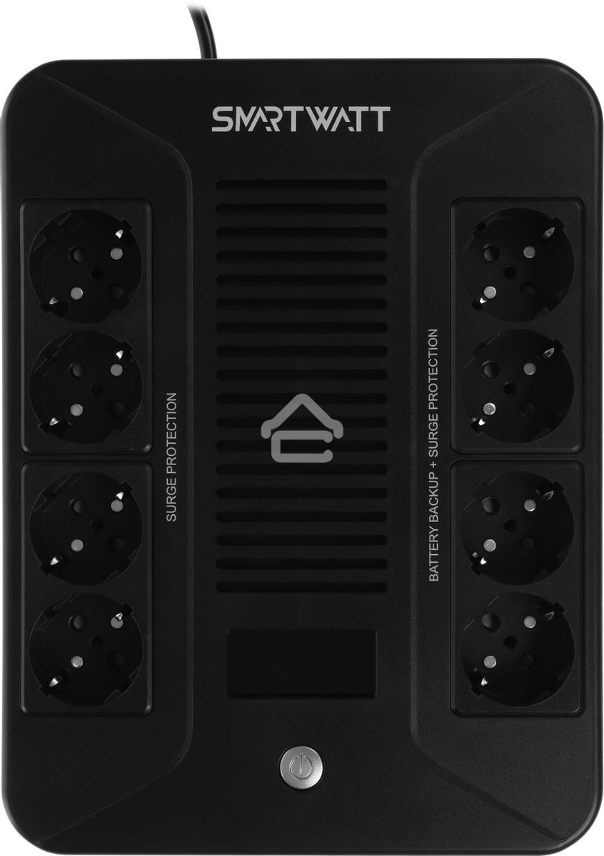 Источник бесперебойного питания SMARTWATT UPS SAFE PRO LCD 1000 черный 1000/600 ВА/Вт, напольный/настенный, линейно-интерактивный, LCD дисплей, Shuko CEE7/4 - 8 шт. (4 шт. с резервным питанием, 4 шт. - сетевой фильтр)