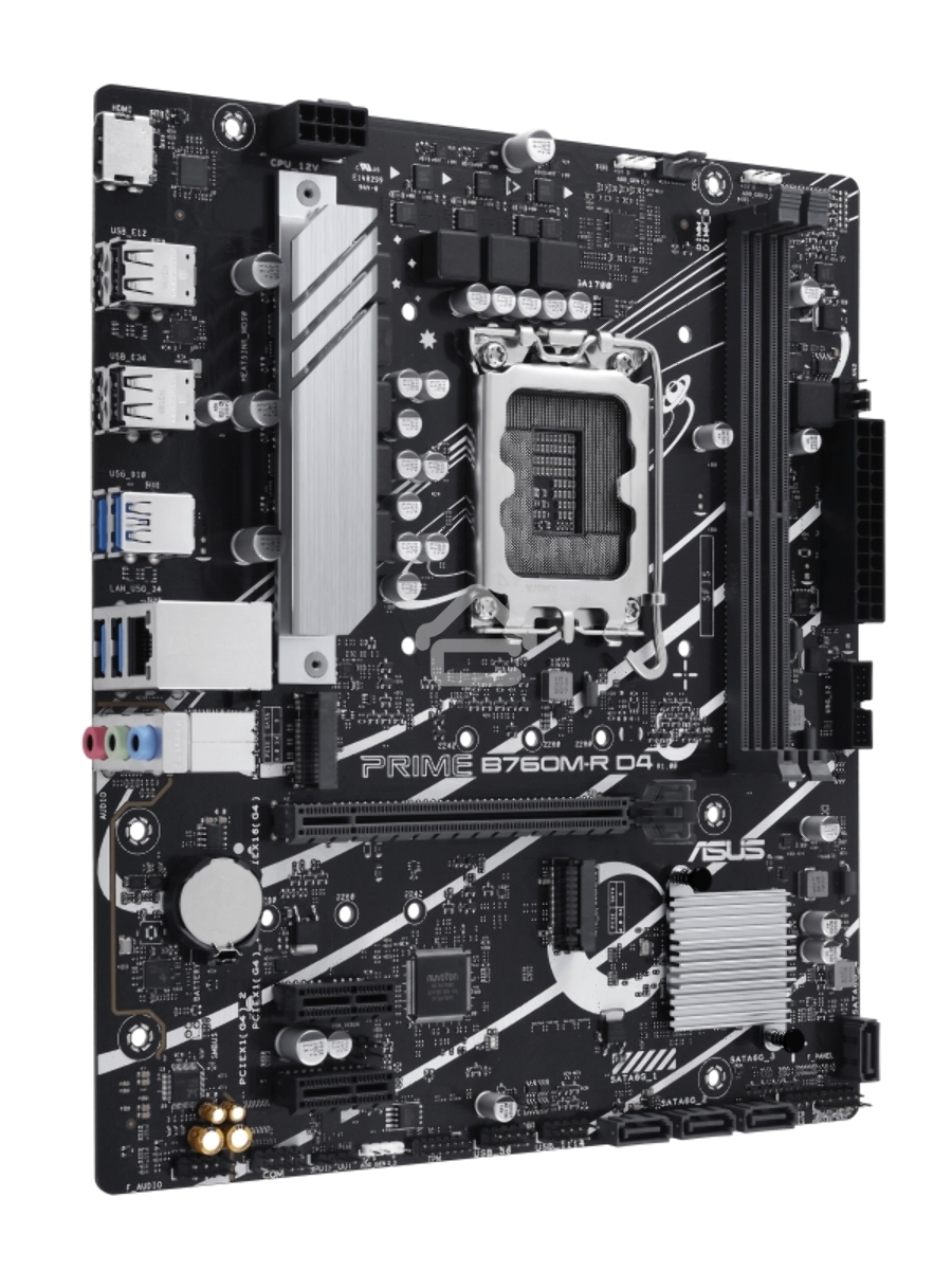 Материнская плата ASUS PRIME B760M-R D4, LGA 1700, Intel B760, 2xDDR4, 4xSATA, 2xM.2, 1xPCIe 4.0 x16, 1xPCIe x1, 1xHDMI, 1x 2.5Gb LAN, 4xUSB-A 2.0, 4xUSB-A 3.2 Gen 1, 3x3.5 мм, 7.1, mATX