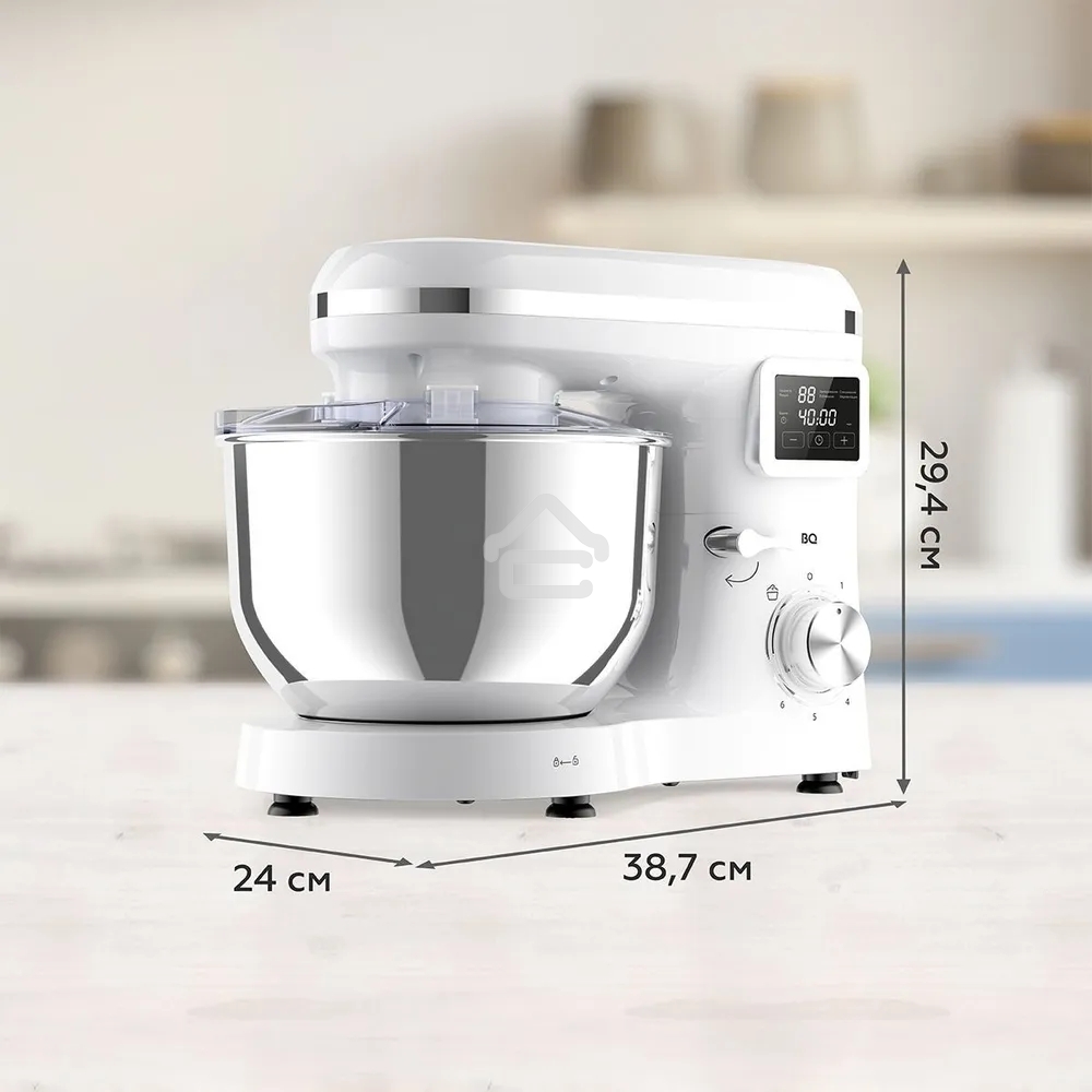 Планетарный миксер BQ MX640 White. Максимальная мощность 1600 Вт / Чаша из нержавеющей стали 6 л / Функция ферментации/ Подогрев чаши до 40'C / Электронное управление / Металлические насадки в комплекте / Металлические шестерни / Двойная защита: от перегр