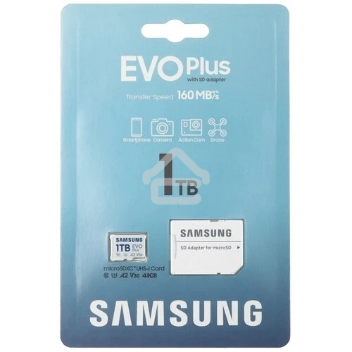 Флеш карта Samsung EVO Plus, microSDXC 1Tb, Class 10, A2, V30, UHS-I (U3), W 90 МБ/с, R 160 МБ/с, адаптер на SD