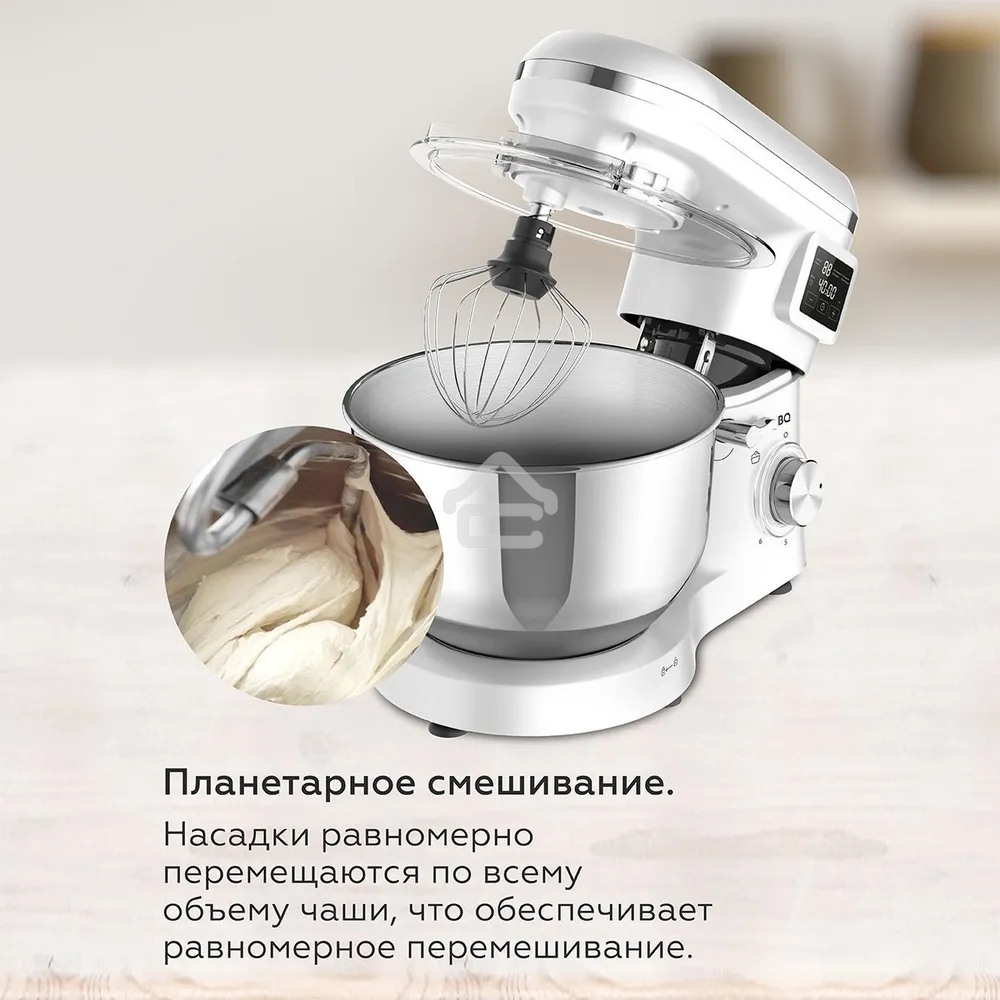 Планетарный миксер BQ MX640 White. Максимальная мощность 1600 Вт / Чаша из нержавеющей стали 6 л / Функция ферментации/ Подогрев чаши до 40'C / Электронное управление / Металлические насадки в комплекте / Металлические шестерни / Двойная защита: от перегр