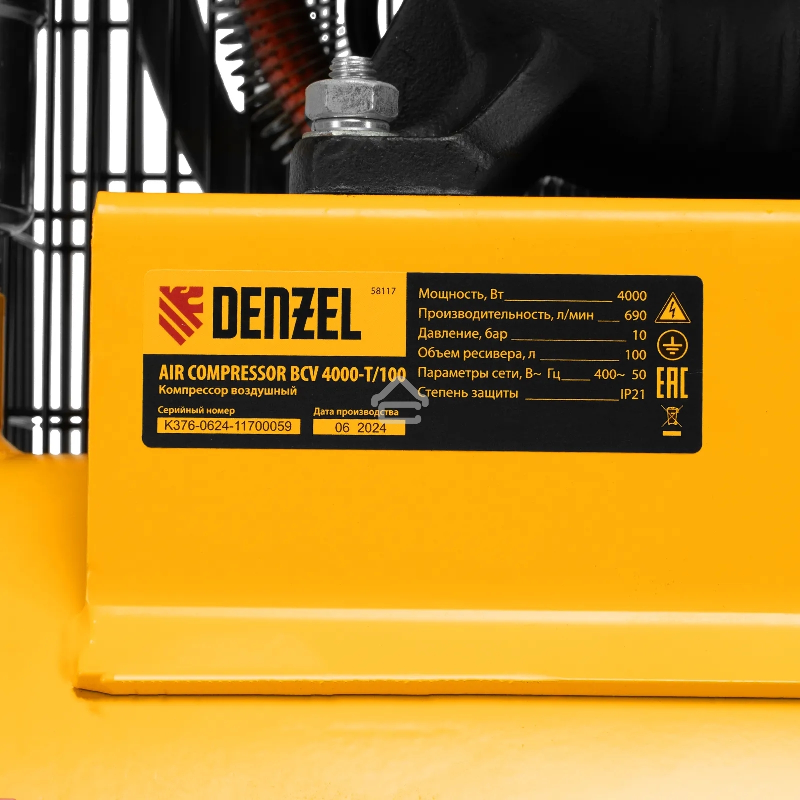 Компрессор воздушный рем. привод BCV 4000-T/100, 4,0 кВт, 100 литров, 690 л/мин Denzel