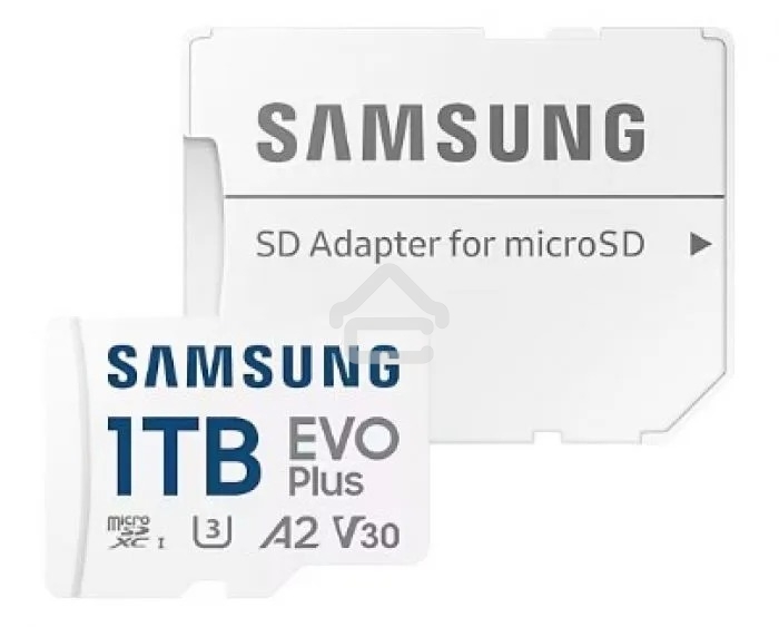 Флеш карта Samsung EVO Plus, microSDXC 1Tb, Class 10, A2, V30, UHS-I (U3), W 90 МБ/с, R 160 МБ/с, адаптер на SD