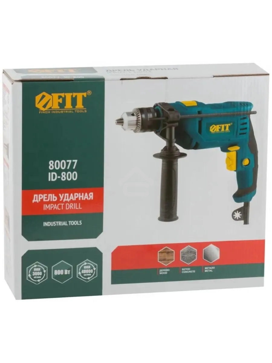 Дрель ударная FIT ID-800 800 Вт, 0-3000 об/мин, КлП 13 мм, 1,85 кг, рез. накл., коробка