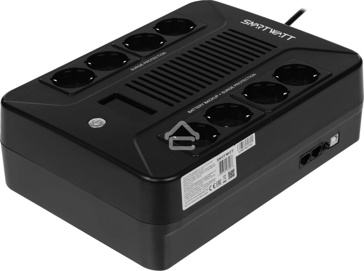 Источник бесперебойного питания SMARTWATT UPS SAFE PRO LCD 1000 черный 1000/600 ВА/Вт, напольный/настенный, линейно-интерактивный, LCD дисплей, Shuko CEE7/4 - 8 шт. (4 шт. с резервным питанием, 4 шт. - сетевой фильтр)
