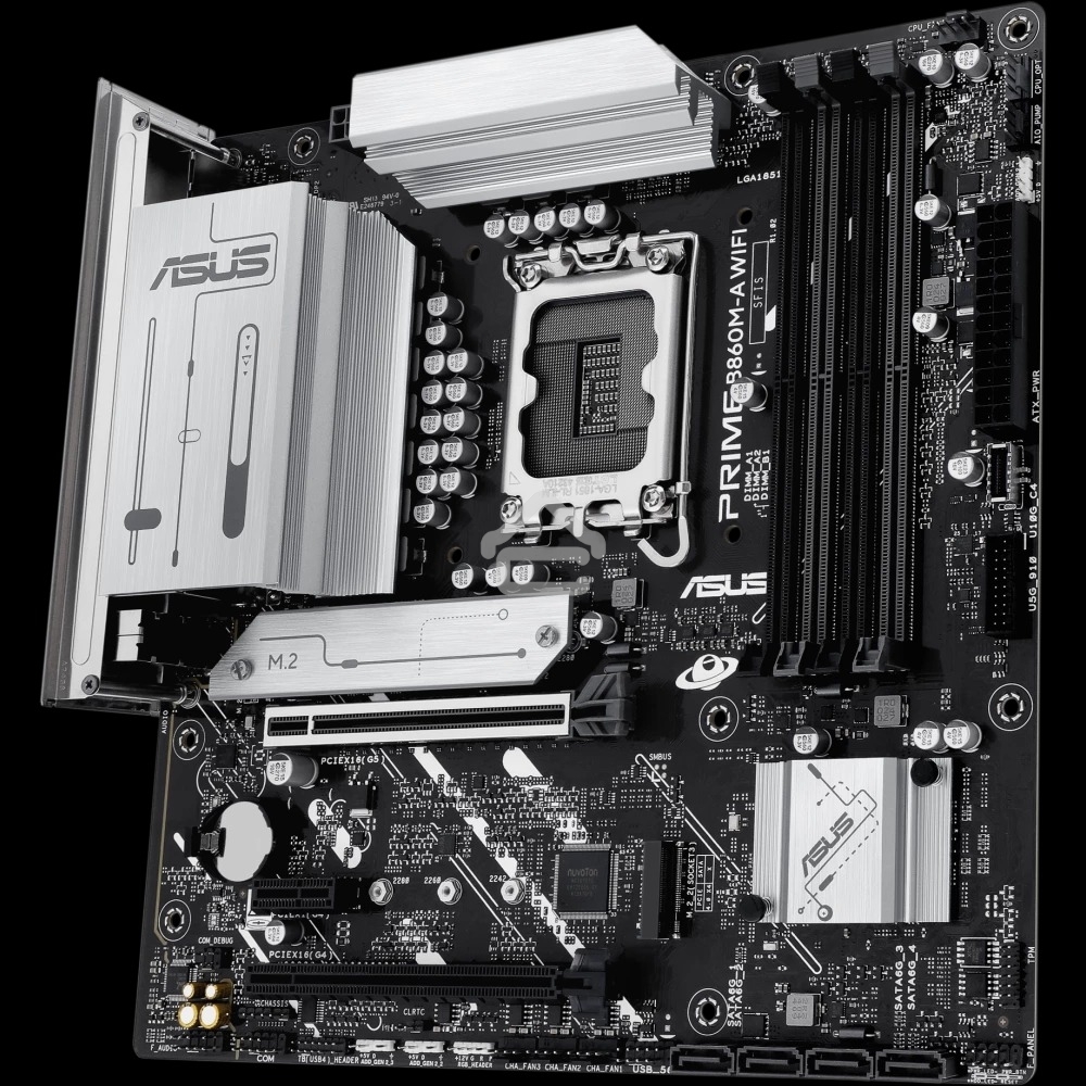 Материнская плата ASUS PRIME B860M-A WIFI, LGA 1851, Intel B860, 4xDDR5, 4xSATA, 2xM.2, 1xPCIe 5.0 x16, 1xPCIe 4.0 x16, 1xPCIe 4.0 x1, 2xDP, 1xHDMI, 1x 2.5Gb LAN, 1xUSB-C 20Gbps, 1xUSB-A 10Gbps, 2xUSB-A 5Gbps, 4xUSB-A 2.0, 3x3.5 мм, 7.1, micro-ATX.