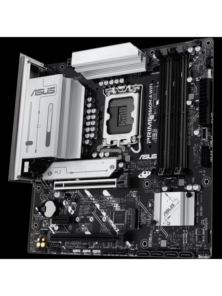 Материнская плата ASUS PRIME B860M-A WIFI, LGA 1851, Intel B860, 4xDDR5, 4xSATA, 2xM.2, 1xPCIe 5.0 x16, 1xPCIe 4.0 x16, 1xPCIe 4.0 x1, 2xDP, 1xHDMI, 1x 2.5Gb LAN, 1xUSB-C 20Gbps, 1xUSB-A 10Gbps, 2xUSB-A 5Gbps, 4xUSB-A 2.0, 3x3.5 мм, 7.1, micro-ATX.