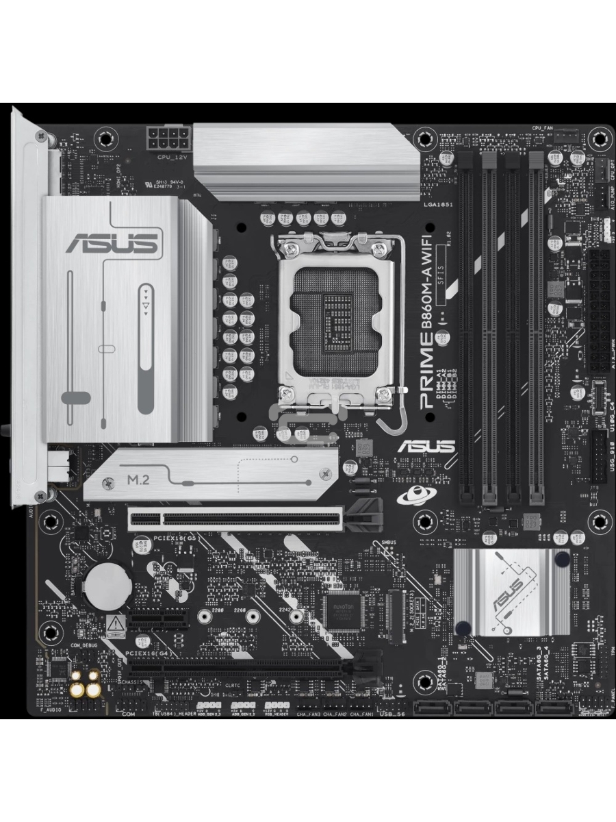 Материнская плата ASUS PRIME B860M-A WIFI, LGA 1851, Intel B860, 4xDDR5, 4xSATA, 2xM.2, 1xPCIe 5.0 x16, 1xPCIe 4.0 x16, 1xPCIe 4.0 x1, 2xDP, 1xHDMI, 1x 2.5Gb LAN, 1xUSB-C 20Gbps, 1xUSB-A 10Gbps, 2xUSB-A 5Gbps, 4xUSB-A 2.0, 3x3.5 мм, 7.1, micro-ATX.