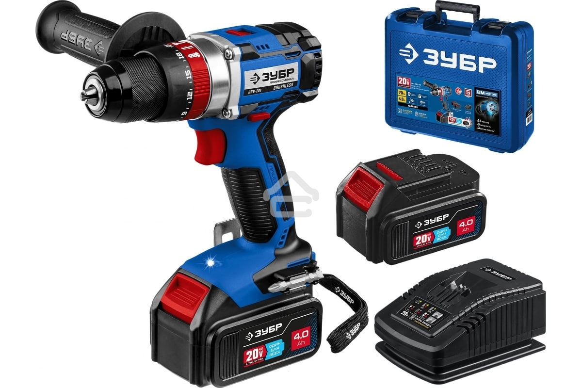 Дрель-шуруповерт Зубр DBS-201-42, 20В, 2 АКБ, Ударная, Кейс