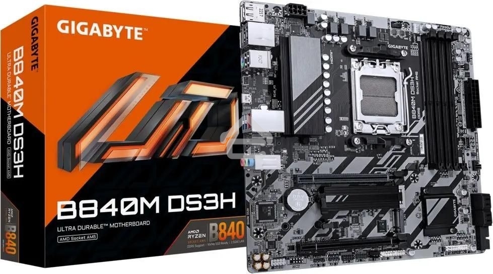 Материнская плата Gigabyte B840M DS3H, AM5, AMD B840, 4xDDR5, 4xSATA, 2xM.2, 1xPCIe 4.0 x16, 1xPCIe 3.0 x4, 2xDP, 1xHDMI, 1x2.5Gb LAN, 3xUSB-A 5Gbps, 8xUSB-A 2.0, 1xUSB-C 5Gbps, 3x3.5 мм, 7.1, mATX