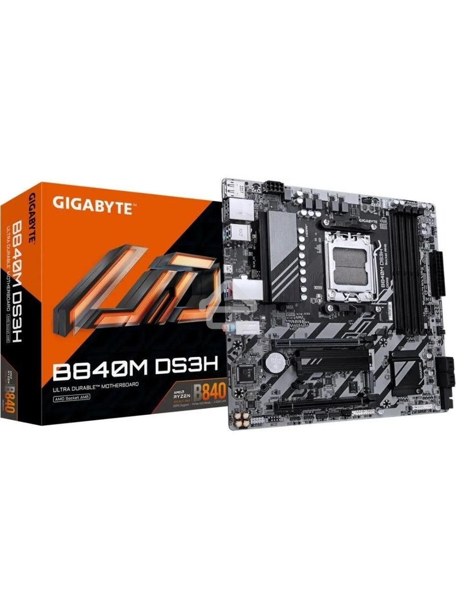 Материнская плата Gigabyte B840M DS3H, AM5, AMD B840, 4xDDR5, 4xSATA, 2xM.2, 1xPCIe 4.0 x16, 1xPCIe 3.0 x4, 2xDP, 1xHDMI, 1x2.5Gb LAN, 3xUSB-A 5Gbps, 8xUSB-A 2.0, 1xUSB-C 5Gbps, 3x3.5 мм, 7.1, mATX
