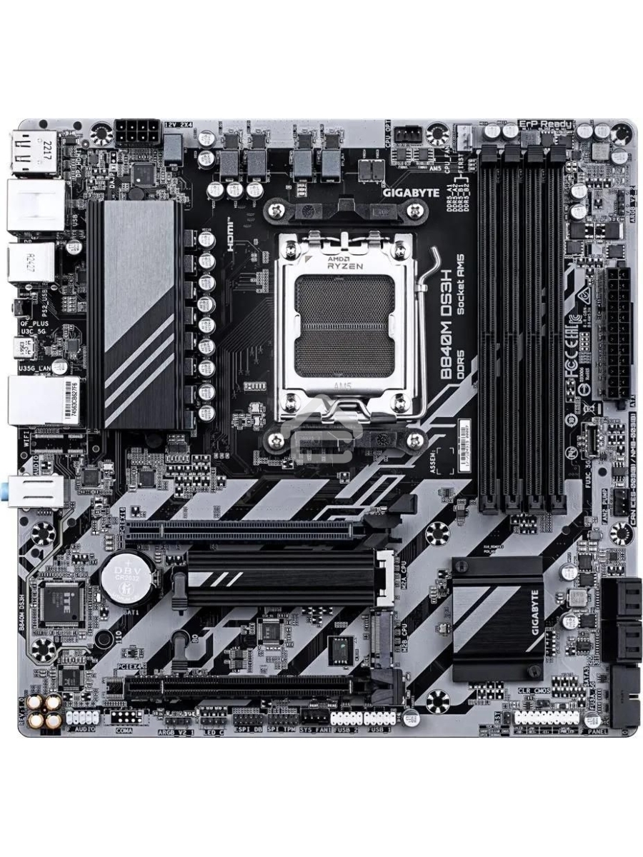 Материнская плата Gigabyte B840M DS3H, AM5, AMD B840, 4xDDR5, 4xSATA, 2xM.2, 1xPCIe 4.0 x16, 1xPCIe 3.0 x4, 2xDP, 1xHDMI, 1x2.5Gb LAN, 3xUSB-A 5Gbps, 8xUSB-A 2.0, 1xUSB-C 5Gbps, 3x3.5 мм, 7.1, mATX