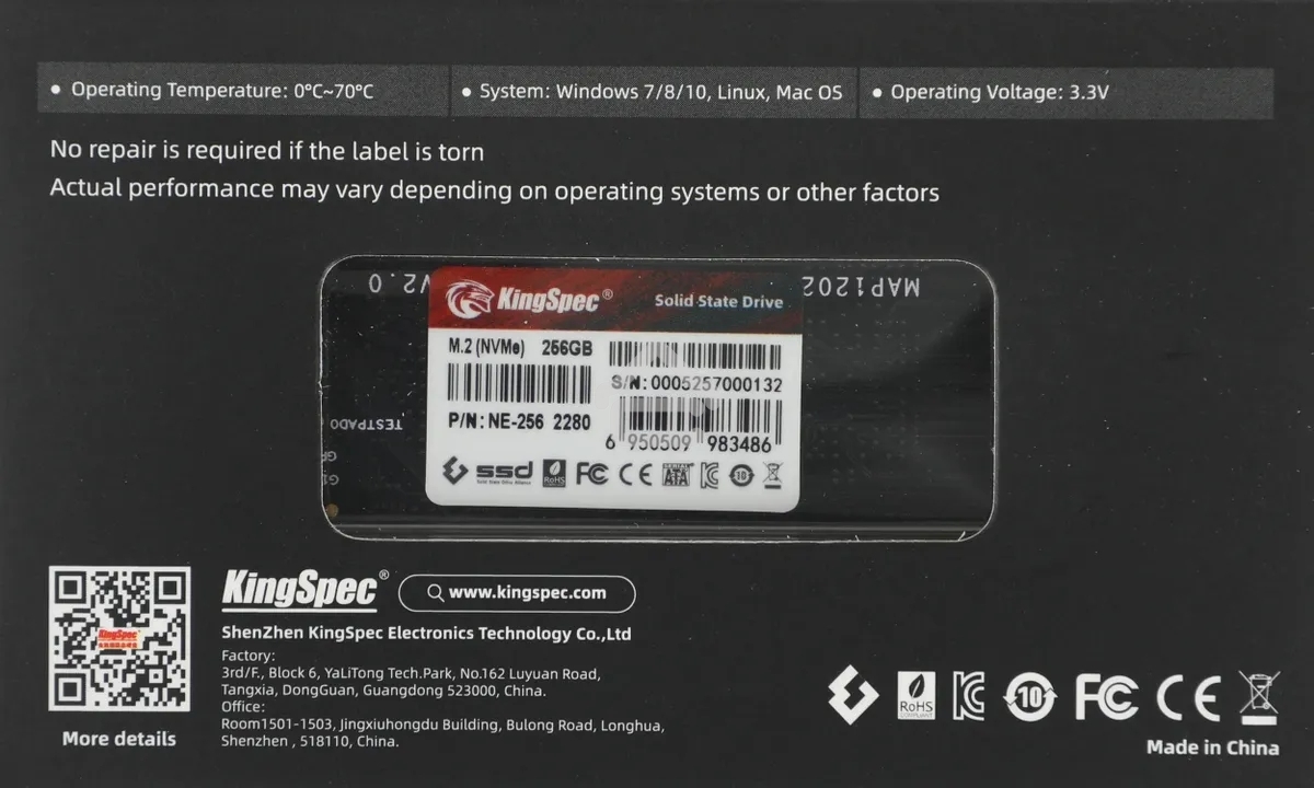 Накопитель SSD KingSpec NE-256, 256Gb, M.2 2280, PCIe 3.0 x4, NVMe, R/W 2000/1300
