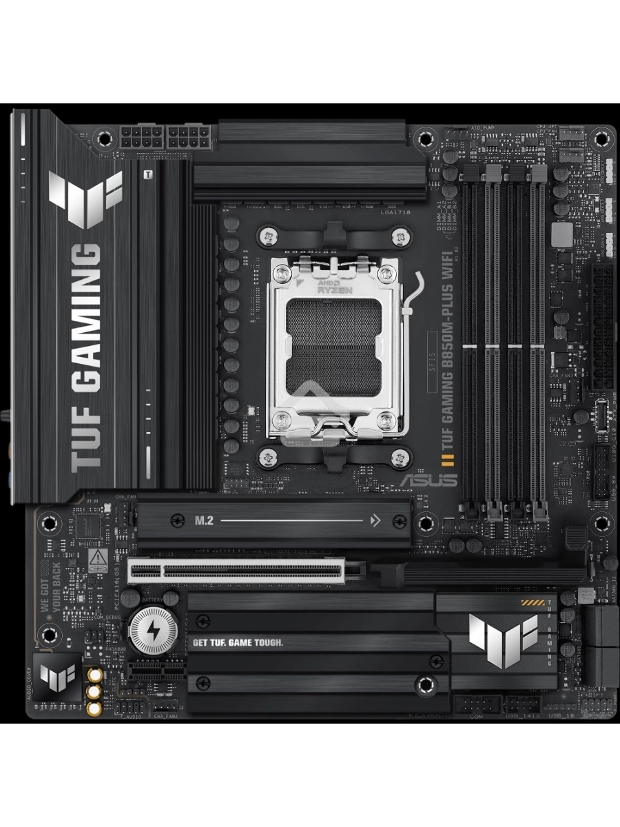 Материнская плата ASUS TUF GAMING B850M-PLUS WIFI, AM5, AMD B850, 4xDDR5, 4xSATA, 3xM.2, 1xPCIe 4.0 x16, 1xHDMI, 1xDP, 1x 2.5Gb LAN, 1xUSB-C 20Gbps, 3xUSB-A 10Gbps, 4xUSB-A 5Gbps, 4xUSB-A 2.0, 7.1, micro-ATX
