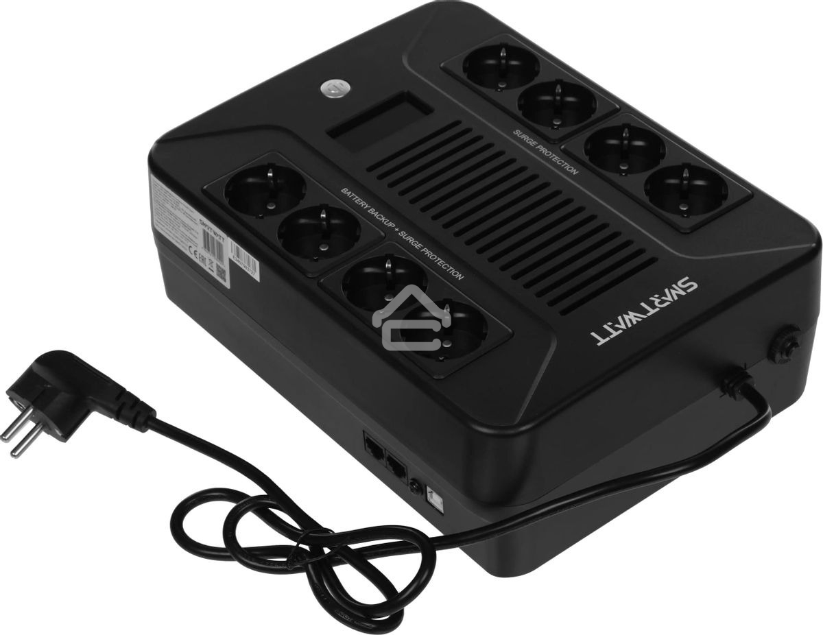 Источник бесперебойного питания SMARTWATT UPS SAFE PRO LCD 800 черный 800/480 ВА/Вт, напольный/настенный, линейно-интерактивный, LCD дисплей, Shuko CEE7/4 - 8 шт. (4 шт. с резервным питанием, 4 шт. - сетевой фильтр)