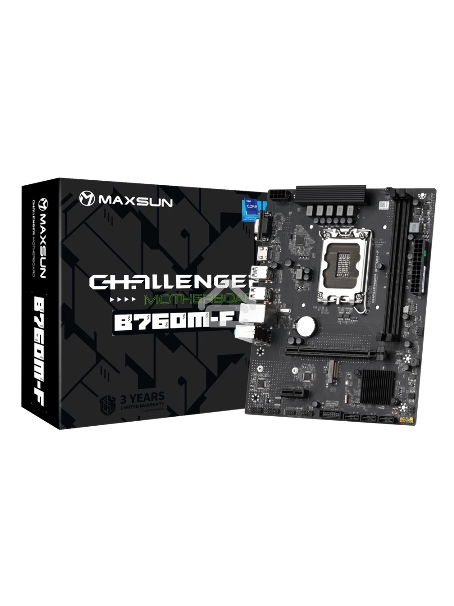 Материнская плата Maxsun Challenger B760M-F, LGA 1700, Intel B760, 2xDDR4, 3xSATA III, 2xM.2, 1xPCIe 4.0 x16, 1xHDMI, 1xVGA, 1xRJ-45 1Gb LAN, 2xUSB 3.2 Gen 1, 4xUSB 2.0, 3x3.5 мм, 5.1, mATX