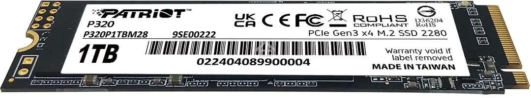 Накопитель SSD Patriot P320, 1Tb, PCIe 3.0 x4, M.2 2280, NVMe, R/W 3000/2200