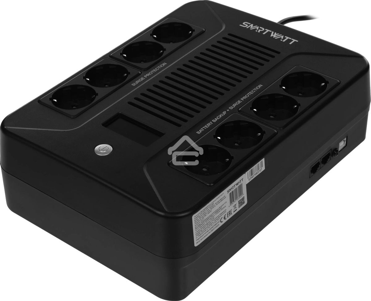 Источник бесперебойного питания SMARTWATT UPS SAFE PRO LCD 800 черный 800/480 ВА/Вт, напольный/настенный, линейно-интерактивный, LCD дисплей, Shuko CEE7/4 - 8 шт. (4 шт. с резервным питанием, 4 шт. - сетевой фильтр)