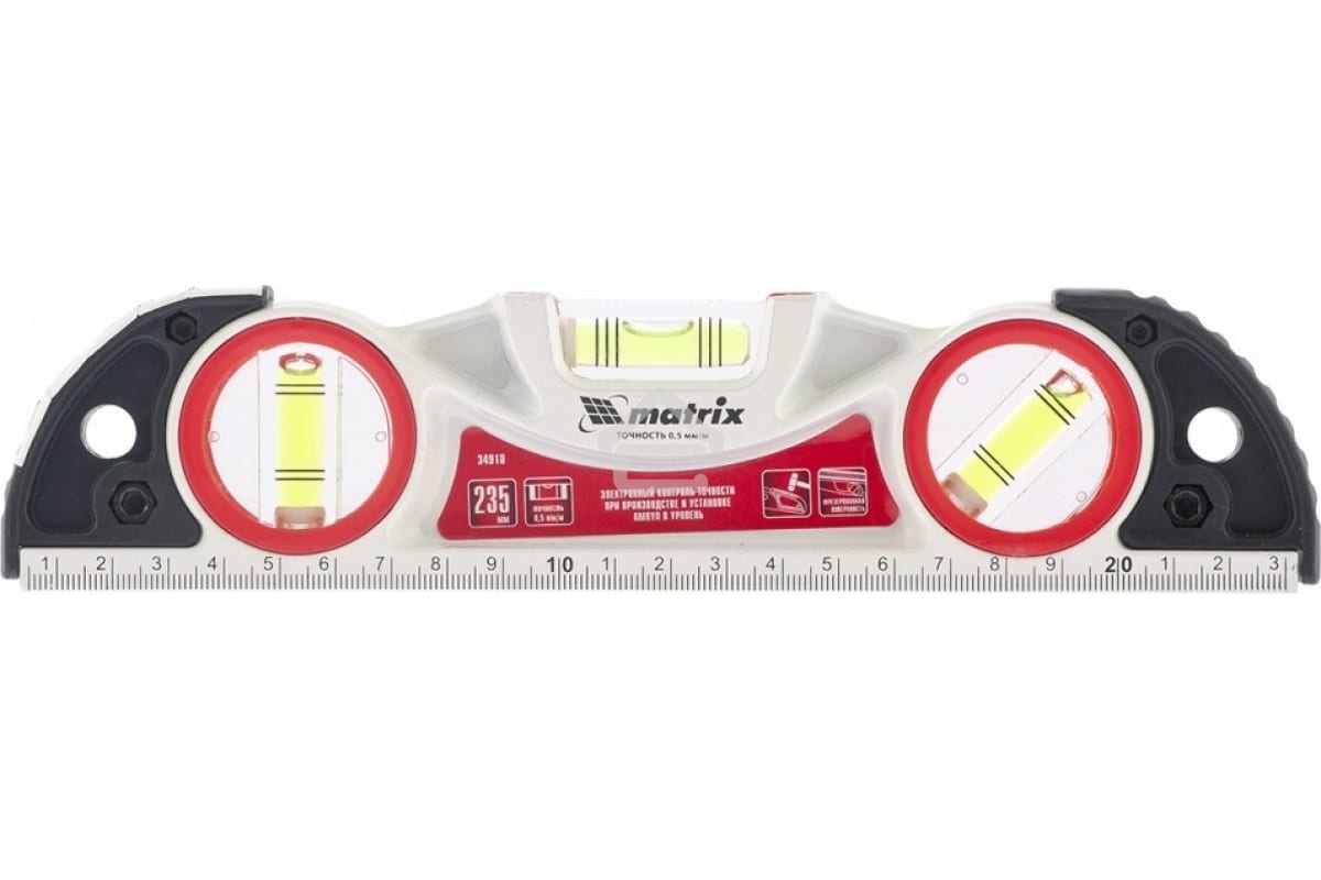 Уровень алюминиевый Matrix литой, фрезерованный, 3 глазка, две ударные площадки, 235 мм