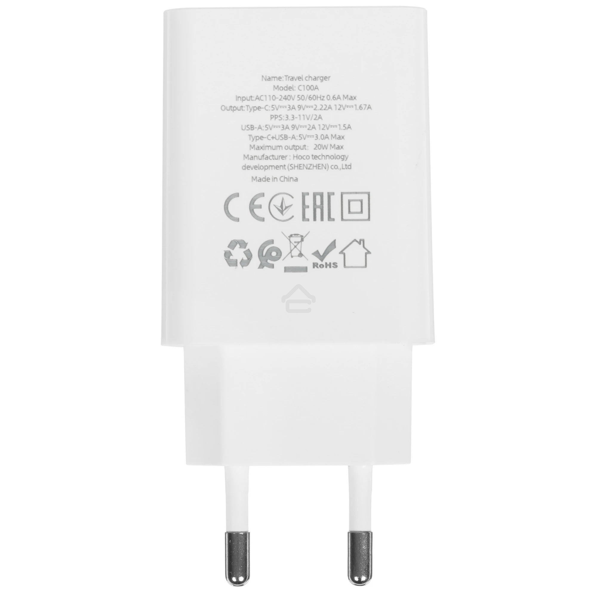 Блок питания (сетевой адаптер) HOCO C100A 1xUSB (18 Вт), 1xType (20 Вт), белый