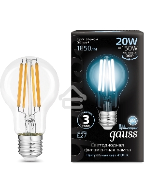 Лампа светодиодная Gauss Filament 20Вт цок.:E27 груша 220B св.свеч.бел.нейт. (упак.:10шт)