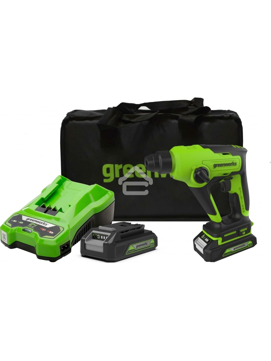Перфоратор аккумуляторный бесщеточный GreenWorks GD24SDS1K2, 1,2 ДЖ, 24V, c АКБ 2Ач и ЗУ, в сумке (3803107UA)