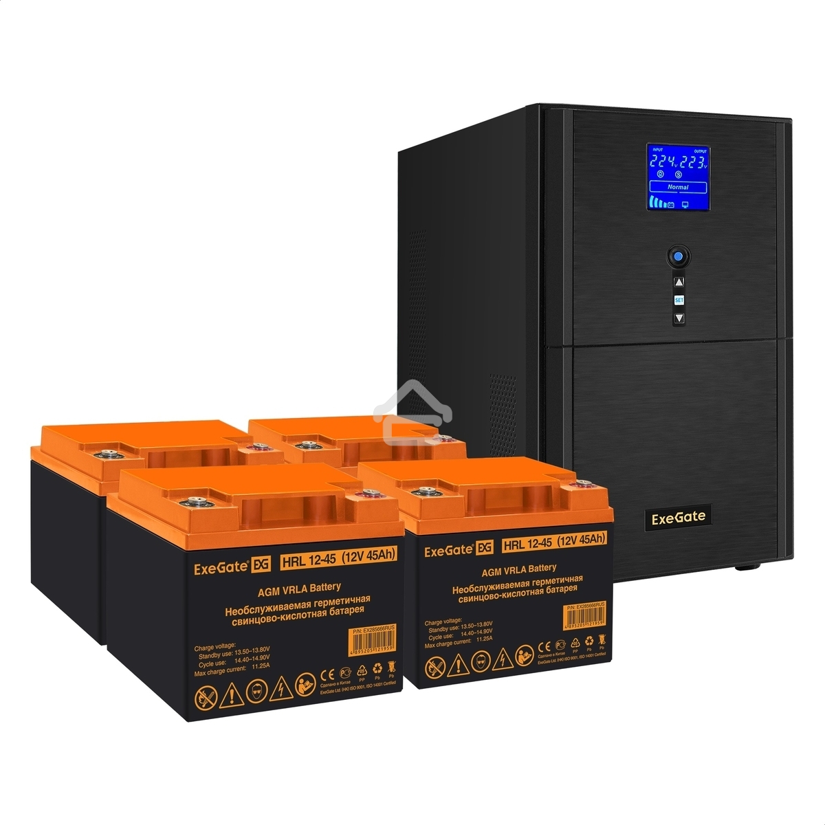 Комплект ИБП EX295990RUS + батарея 45Aч EX285666RUS 4шт (инвертор, синус, для котла) ExeGate SineTower SZ-3000.LCD.AVR.3SH.1C13.RJ.USB <3000VA/2400W, чистый синусоида, LCD дисплей, AVR, 3*Schuko+1*C13, RJ45/11, USB, линейно-интерактивный, Black> + батарея