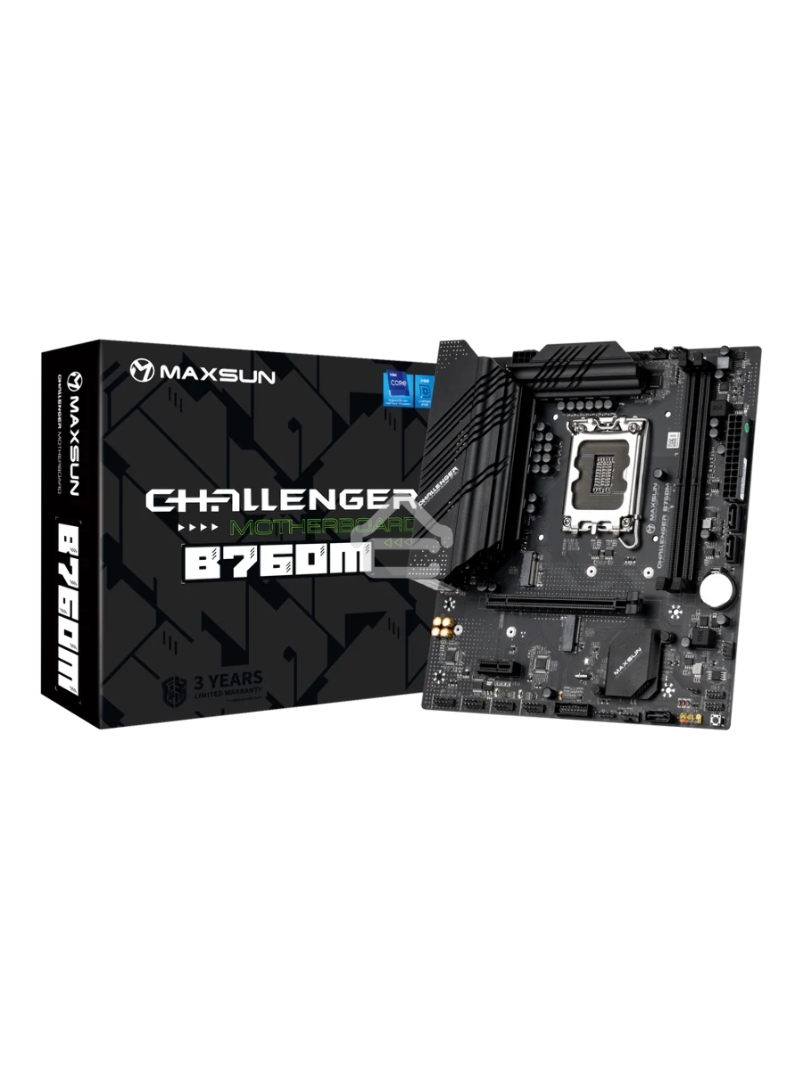 Материнская плата Maxsun Challenger B760M, LGA 1700, Intel B760, 2xDDR4, 3xSATA, 2xM.2, 1xPCIe 4.0 x16, 1xPCIe 3.0 x1, 1xHDMI, 1xVGA, 1x 1Gb LAN, 4xUSB-A 3.2 Gen 1, 2xUSB-A 2.0, 5.1, M-ATX
