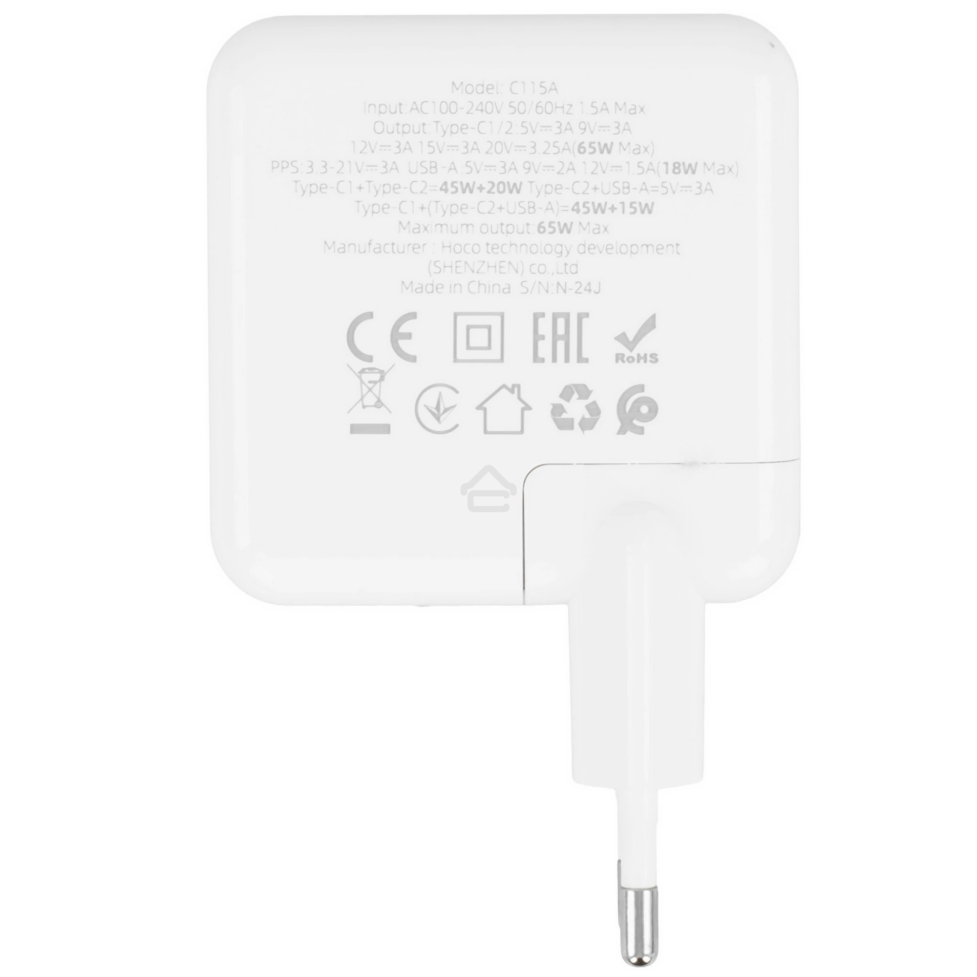 Блок питания (сетевой адаптер) HOCO C115A 2 Type-C/USB-А, белый
