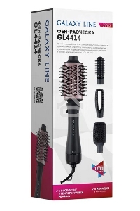 Фен-расческа Galaxy Line GL 4414, черный, 1200 Вт, 2 скорости потока воздуха, 3 температурных режима, шнур, вращающийся на 360°, насадка овальная со щетиной и зубчиками, полая насадка-расческа, полукруглая насадка-щетка, массажная насадка-щетка