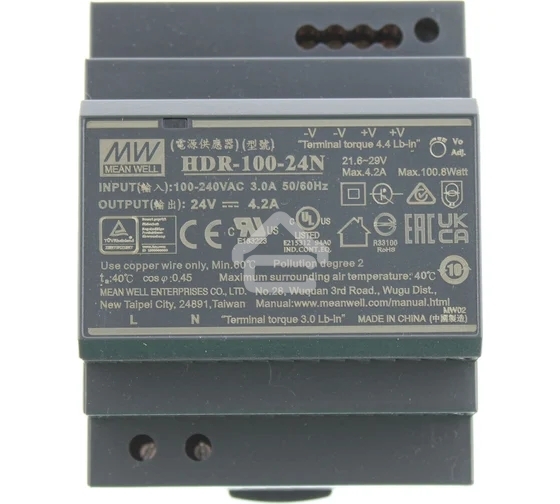 Блок питания AC-DC, 100.8Вт, вход 85...264 В AC 47...63Гц, 120...370В DC, выход 24В, 4.2А, рег. выхода 21.6...29В, изоляция 3000В AC, в кожухе на DIN-рейку, 70х90х54.5мм, -30...+70°С