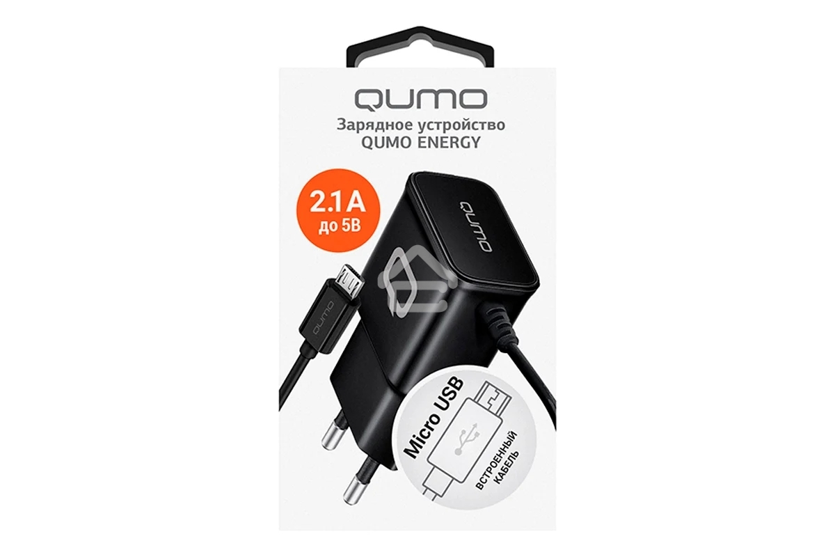 Сетевое зарядное устройство Qumo Energy (Charger 0024) 2.1A, встроенный кабель MicroUSB, черный
