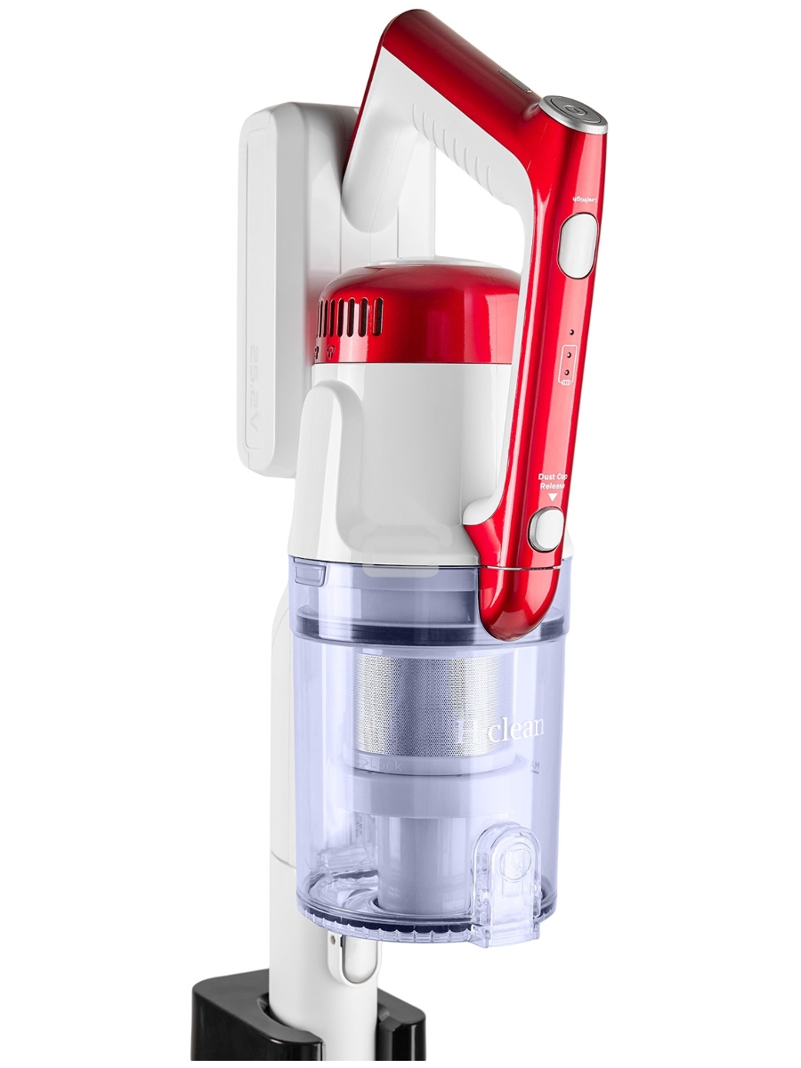Пылесос вертикальный/ручной H-Clean HVC 102 SE белый/красный, питание от аккумулятора, 100 Вт, уборка сухая, пылесборник 0.65 л, работа от АКБ max 45 мин