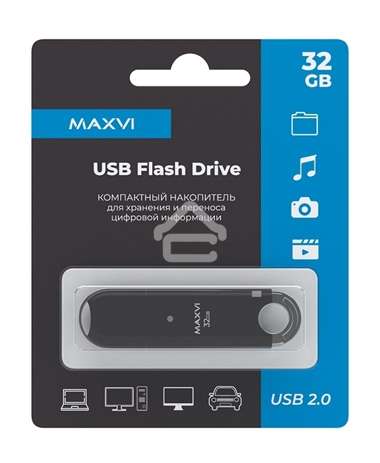 Флешка USB R/W Maxvi P2 32GB USB 2.0 black, монолит с колпачком, ABS пластик