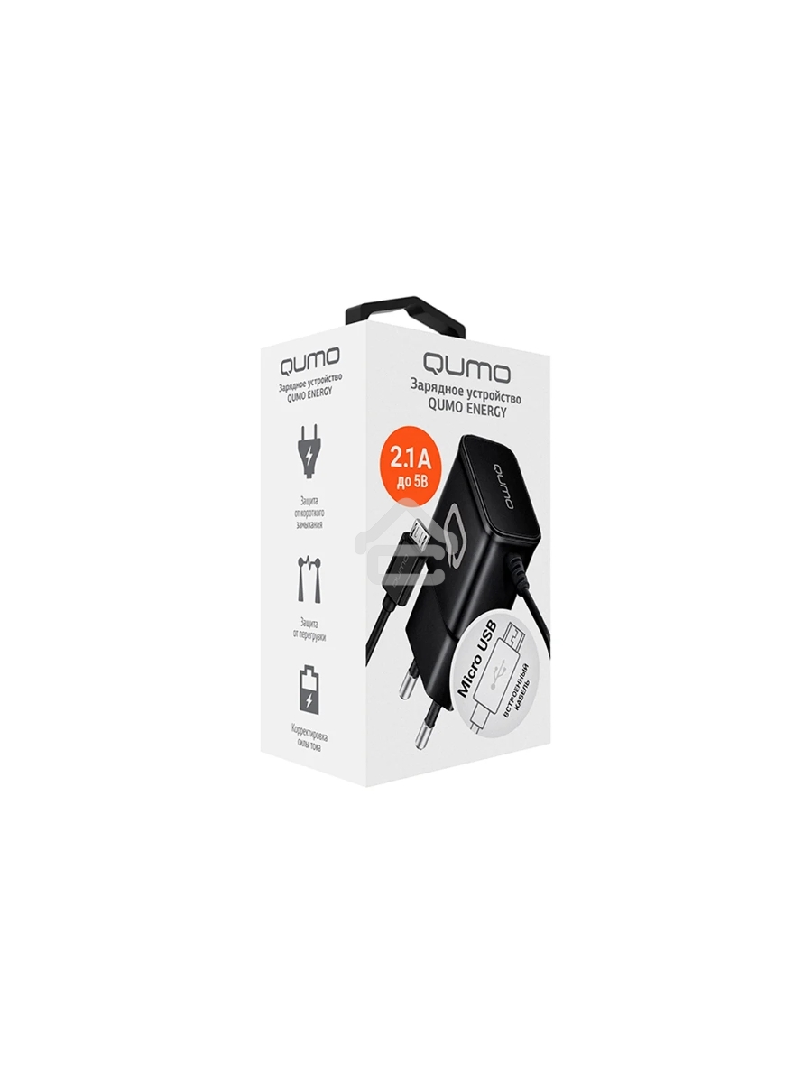 Сетевое зарядное устройство Qumo Energy (Charger 0024) 2.1A, встроенный кабель MicroUSB, черный
