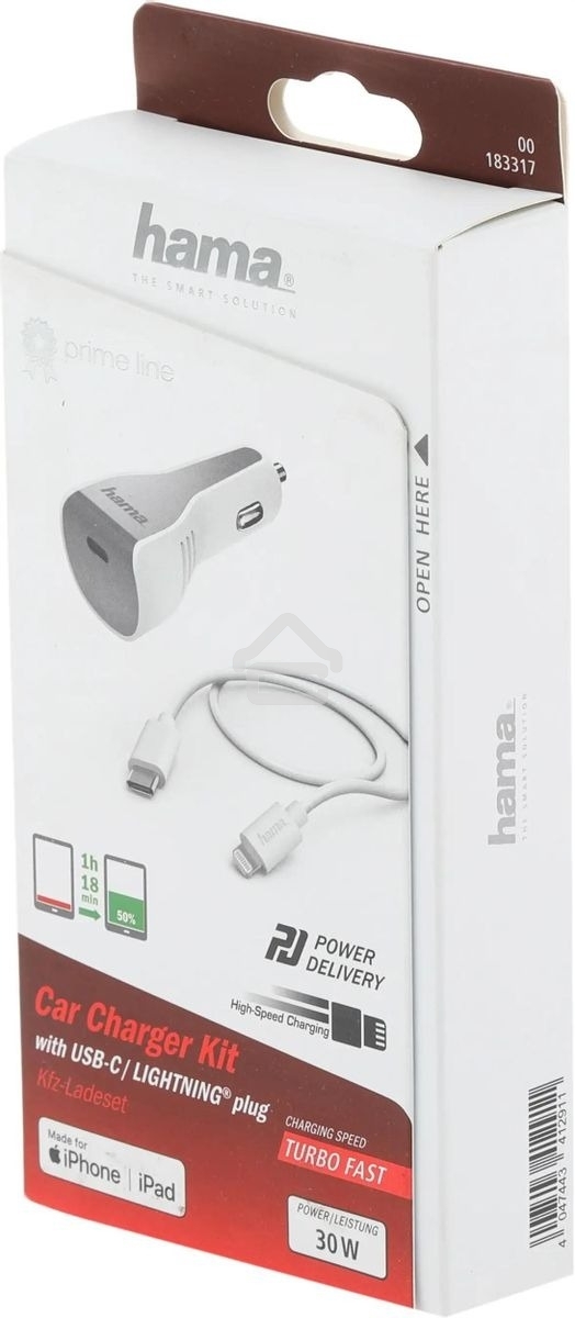 Комплект зарядное устройство Hama H-183317 3A PD для Apple кабель Apple Lightning/Type-C белый