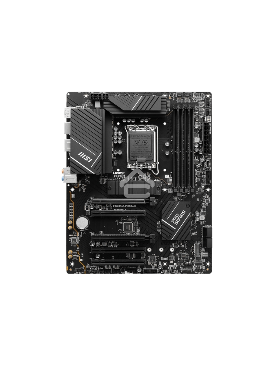 Материнская плата MSI PRO B760-P DDR4 II, LGA 1700, Intel B760, 4xDDR4, 4xSATA, 2xM.2, 1xPCIe 4.0 x16, 1xPCIe 4.0 x4, 3xPCIe 3.0 x1, 1xHDMI, 1xDP, 1x 2.5Gb LAN, 2xUSB-A 2.0, 2xUSB-A 3.2 Gen 1, 1xUSB-C 3.2 Gen 2, 5x3.5 мм, 7.1, ATX